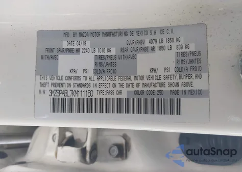 2019 Mazda Mazda3 из США, поврежденный, VIN 3MZBPABL7KM111160